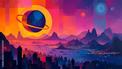 HabdMade Vibrant Art - Colorful abstract landscape with planet and sunset over cityscape  