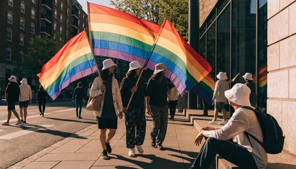 Unrecognizable Happy Family Joyfully Celebrating Pride Month Outdoors Holding Blank Rainbow Flags Aloft Emphasizing Unconditional Love Diversity Acceptance And Strong LGBTQ Community Support