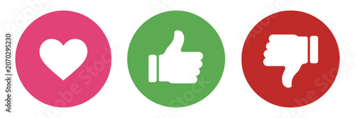 Photos rating and feedback icon set with like, dislike and neutral hand gestures, thumbs up middle and thumbs down symbols, satisfied unsatisfied and neutral survey concept, clean vector illustration