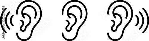 Fényképezés Human ear with sound waves line icons set featuring simple black linear vector s