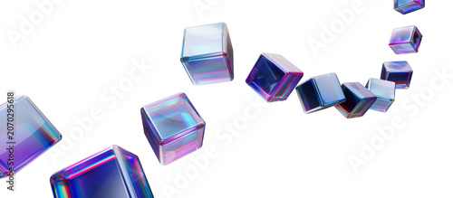 Fotografie Chromatic translucent cubes tumbling across white space
