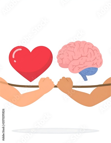 Red Heart and Pink Brain in Arm Wrestling Concept on White Background