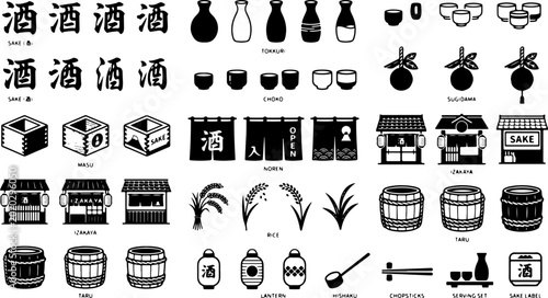 Fotografie Traditional Japanese sake elements icons set featuring black vector silhouettes