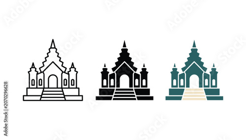 Schilderij op canvas Ancient temple building icon set featuring traditional architecture in outline s