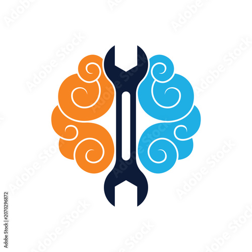 Brain Wrench Circular Emblem Logo Template, Creative Mental Settings and Intelligent Mechanical Mind Branding Vector Illustration