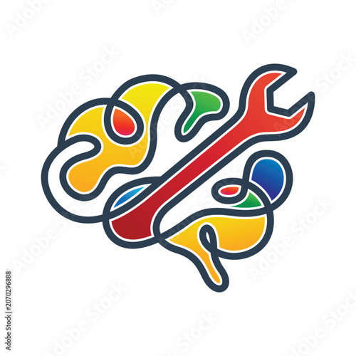 Creative Brain Wrench Logo Template, Intelligent Mind Fix and Mechanical Psychology Service Corporate Identity Vector Illustration