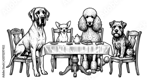Photos dogs at table, dog family, great dane, chihuahua, poodle, terrier dog, anthropom