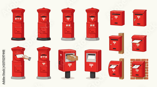 Konstfotografi Traditional and modern red postbox vector collection featuring british pillar bo