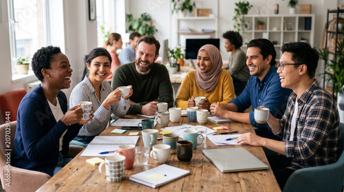 Diverse coworkers smiling and sharing coffee around a wooden table during a relaxed morning meeting, with notebooks, mugs, laptops, and warm modern office surroundings
