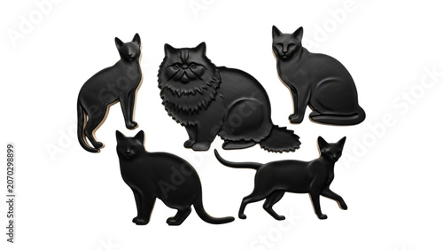 Group of black cats standing in circle with one cat looking up.