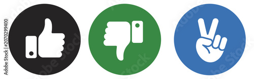 Foto thumbs rating icon collection, like dislike and neutral hand gesture buttons, customer satisfaction and survey feedback concept, modern flat vector design set