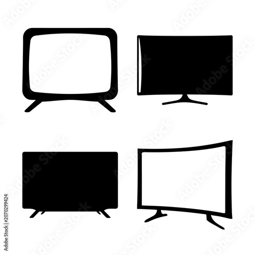 Four modern flat screen tvs in black silhouette style - Minimalist black silhouette icons of four different flat screen TV designs, showcasing variety in shapes and sizes for modern media displays.