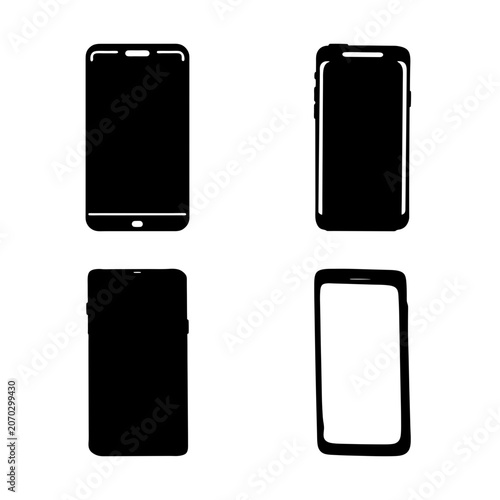 Four smartphone designs in black and white - Minimalist vector illustration showing four smartphone designs in black and white, including front and back views of different models.