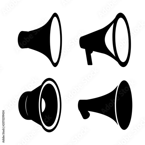 Four black and white megaphone icons - Simple set of four stylized megaphone icons in black and white, arranged in a square pattern.