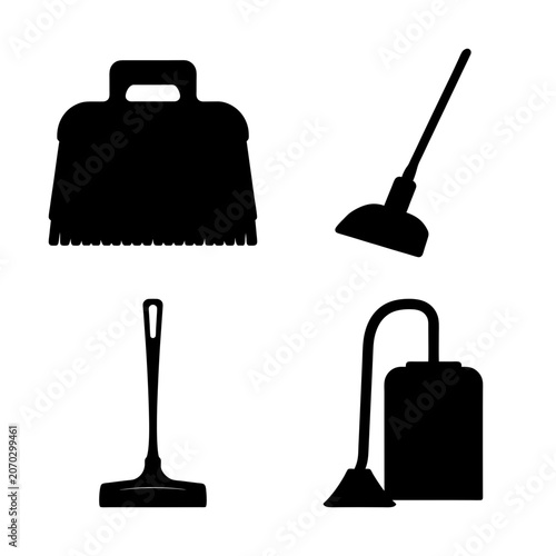 Four cleaning tools icon set in black - Minimalist black silhouette icons of a broom, dustpan, mop, and vacuum cleaner for cleaning or home organization designs