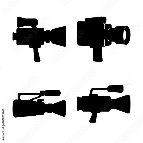Four camera icons in black silhouette style - Set of four black silhouette camera icons showing different angles and styles for media or tech design projects.