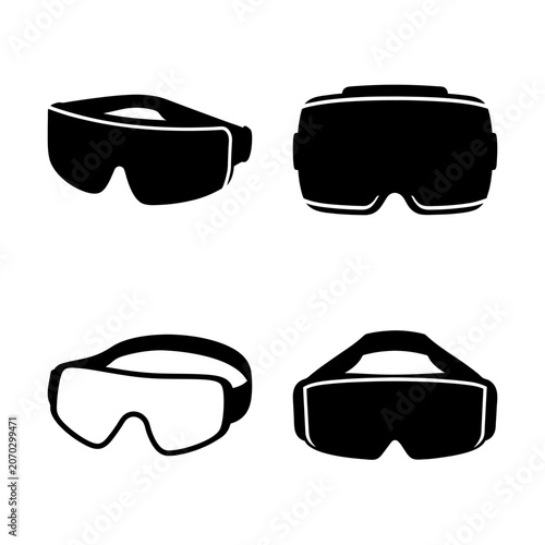Four black virtual reality headsets in grid - Simple vector illustration showing four different styles of black VR headsets arranged neatly in a grid pattern.