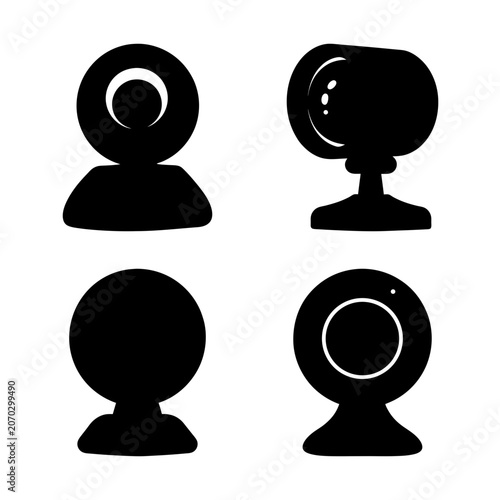 Four black webcam icons in different styles - Minimalist black icons showing four distinct webcam designs with circular and oval lenses, ideal for tech or communication projects.