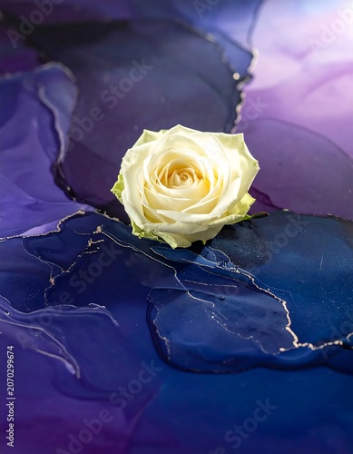Delicate White Rose Resting on Abstract Blue Purple Painted Surface