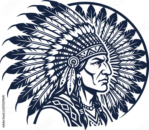 Native american indian chief headdress vector logo design. Vintage indigenous tribal leader icon.