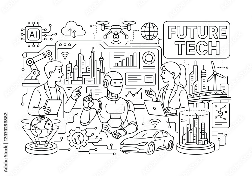 Obraz premium Future Technology Innovation. Clean outline line art banner with one wide future technology scene, two innovators beside oversized humanoid robot and giant smart city dashboard, small details