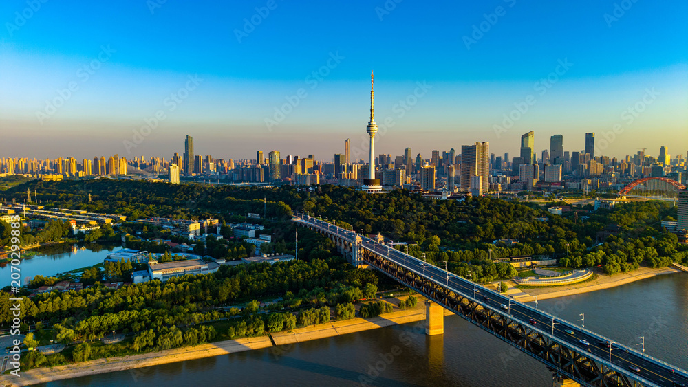 Fototapeta premium Aerial View of Wuhan Yangtze River Bridge and TV Tower