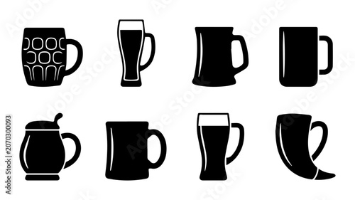 Konstfotografi Beer Mug Icons Set, Beverage Glasses Collection, Drinkware Vector Graphics, Pub