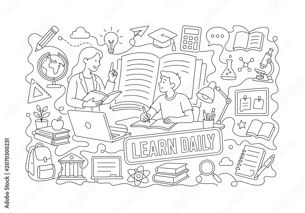 Obraz premium Education School Learning. Clean one-line drawing banner composition showing a teacher and student beside an oversized open book and laptop, classroom line elements stretching to all edges with small