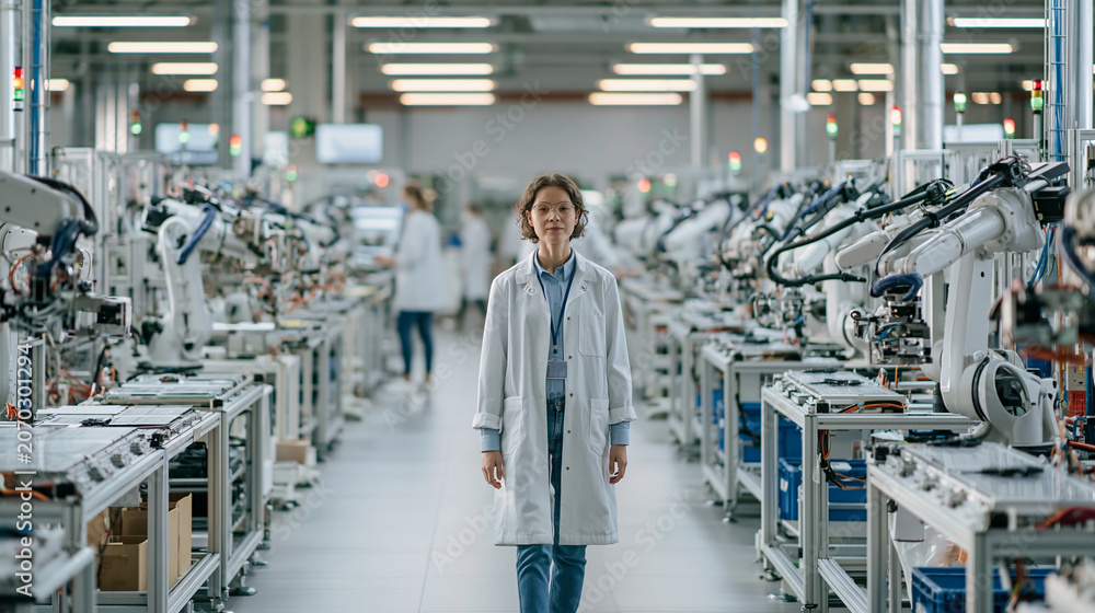 Obraz premium Female scientist in lab coat walking through a modern robotics manufacturing facility.