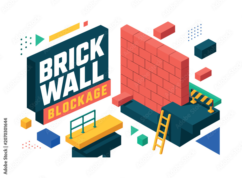 Obraz premium Brick Wall Blockage , oversized brick wall block with bold geometric depth, floating barrier blocks and construction platform accents, asymmetric editorial layout, coral and deep teal with warm yellow
