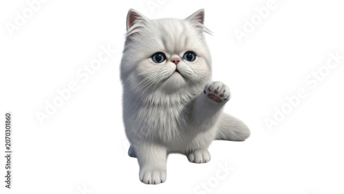White cat with blue is standing on its hinds and looking up.
