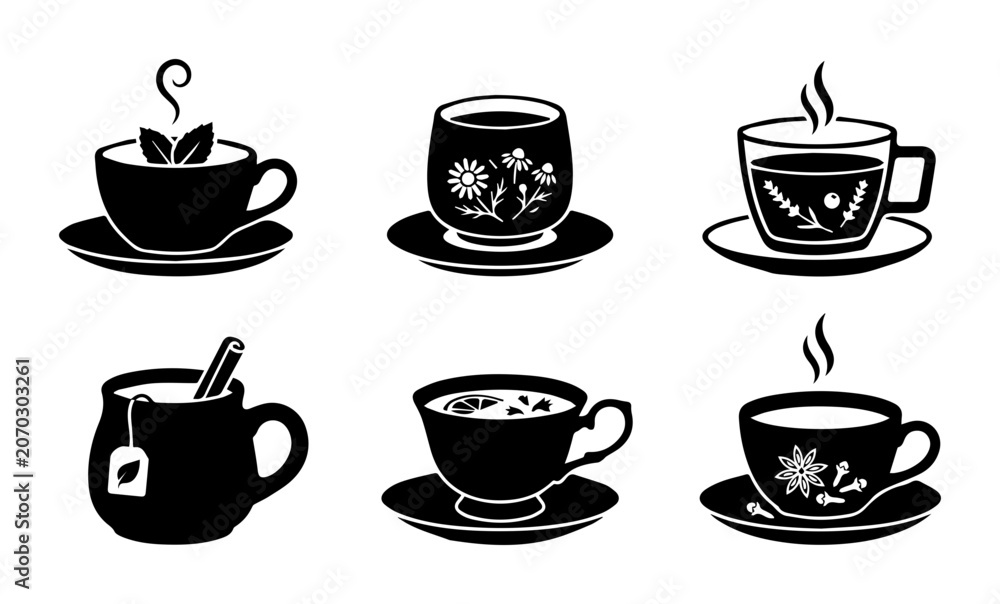 Fototapeta premium Black Tea Cups and Saucers Vector Icons, Hot Beverage Set, Coffee Mug Graphics