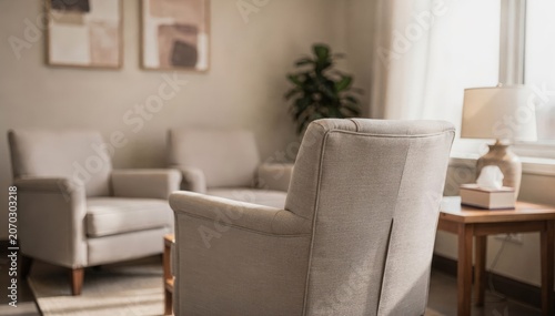 Medium shot of a calm ambulatory behavioral health room featuring soft seating arranged for individual therapy with the main chair in sharp focus and background gently blurred.