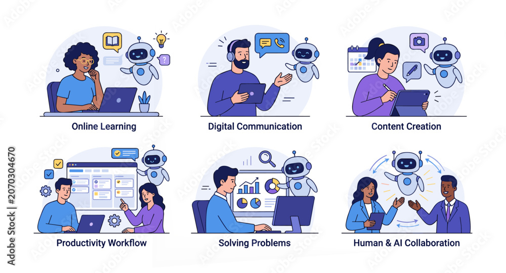 Fototapeta premium Human and AI Collaboration Concepts Collection for Learning Productivity and Content Creation Flat Vector Set