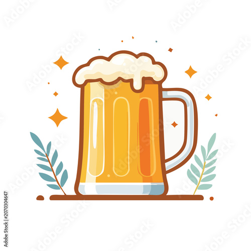 Flat illustration of a beer mug with foam and decorations