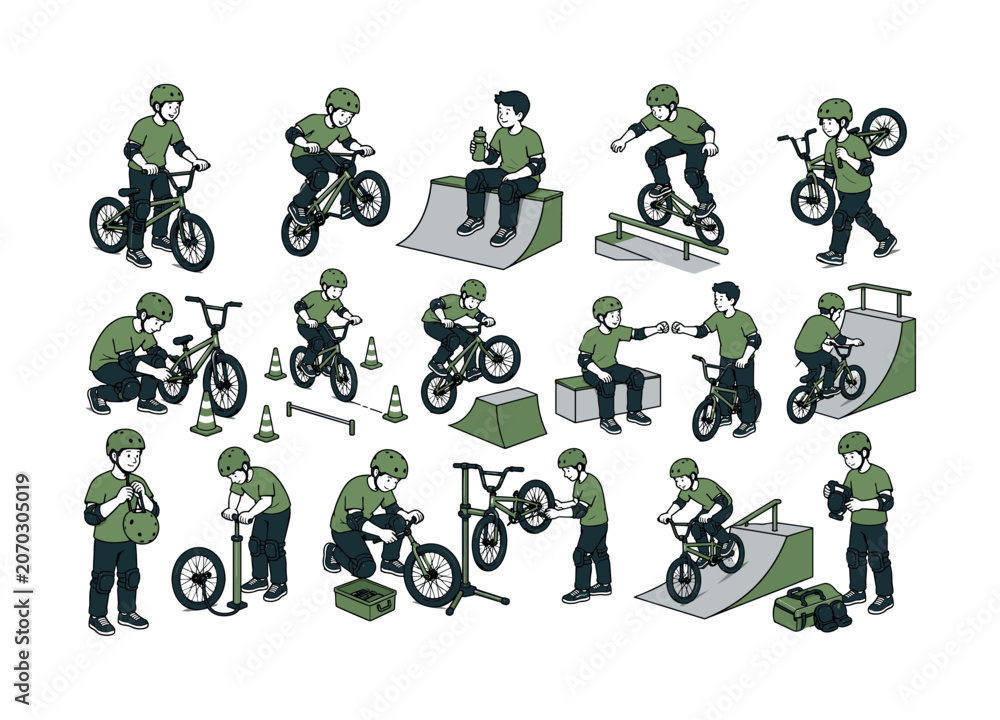 Naklejka premium BMX Bike Ride collection of digital illustrations NOT icons NOT symbols, 12?20 character-driven small scenes of riders using BMX bikes, wearing helmets, checking tires, practicing on small ramps,