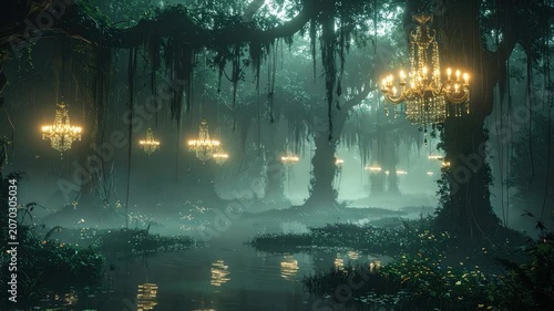 A mystical swamp with chandeliers hanging from trees over water, a fantasy scene