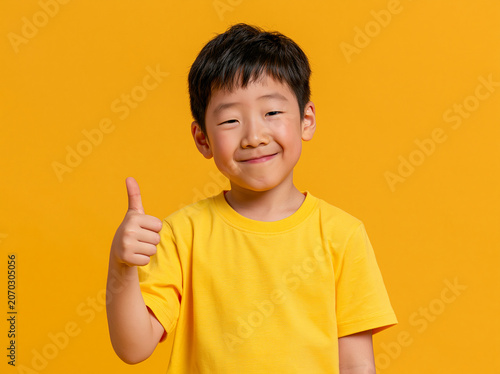 노란색 배경에서 밝게 웃으며 엄지척 포즈를 취하는 귀여운 한국 남자아이