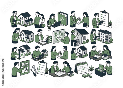 Property Management Series collection of digital illustrations NOT icons NOT symbols, 12?20 character-driven small scenes of agents managing houses, handing keys, reviewing property files, meeting