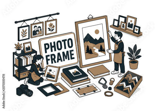Photo Frame Display banner showing two decorators around an oversized photo frame and giant picture wall, hanging hook, album stack, camera, mat board, and display shelf filling all edges, bold simple
