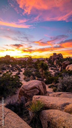 Vibrant Desert Landscape Glowing at Sunset with Rocky Terrain and Colorful Cloudy Sky