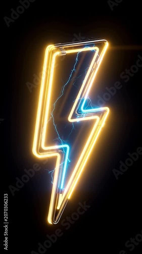 Vertical neon lightning bolt sign flashing with blue and yellow electrical sparks 