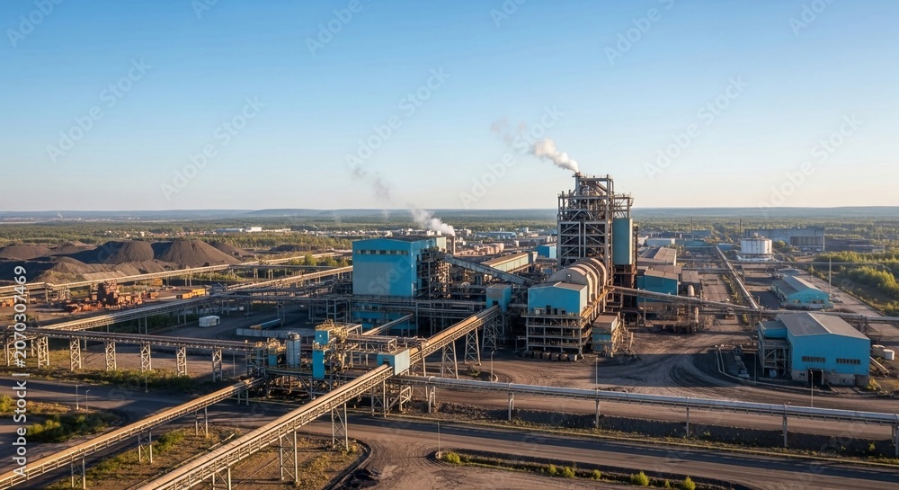 Fototapeta premium Expansive Industrial Smelter Facility Under Clear Blue Sky, Showcasing Large Scale Manufacturing Operations