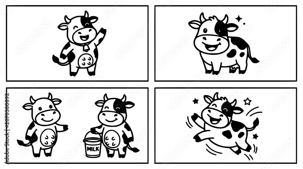 Obraz premium Cow Cartoon Character Collection of Four Black and White Vector Style Illustrations in Different Poses