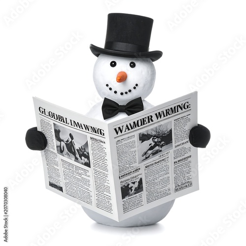 Whimsical Snowman Figurine Reading Newspaper on White Background