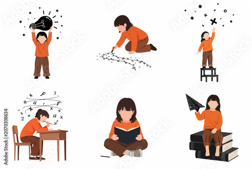 Foto Set of vector illustrations of a little girl learning, dreaming, and creating through various educational activities like reading, math, and brainstorming ideas on a white background