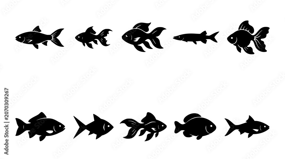 Fototapeta premium Fish Silhouette Icons Set Arranged in Two Rows, Showing Different Species Shapes for Ocean Life Concept