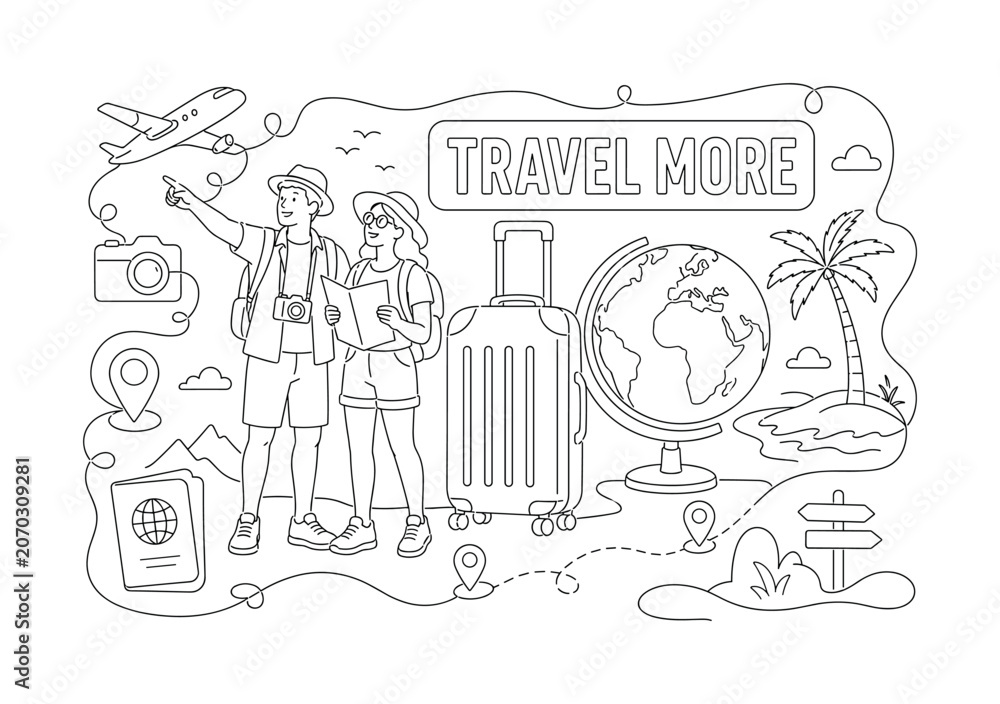 Fototapeta premium Travel Tourism Tour. Clean one-line drawing banner composition showing two tourists beside an oversized suitcase and globe, travel route line reaching all four edges with small airplane, camera, map