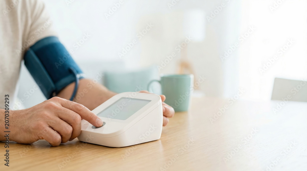 Fototapeta premium Blood pressure monitoring, man measuring blood pressure with digital device at home on wooden table, self-care and health check-up concept.