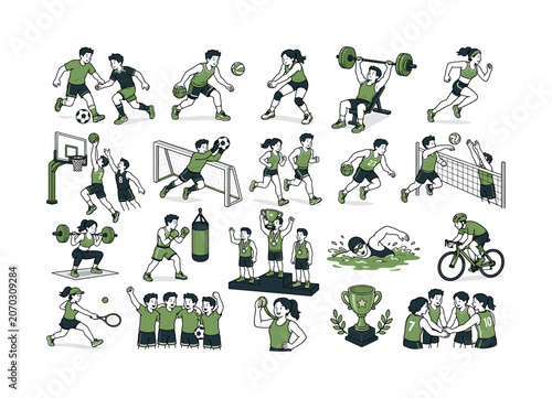 Sports Competition Series collection of digital illustrations NOT icons NOT symbols, 12?20 character-driven small scenes of athletes playing football, basketball, volleyball, training in gym,